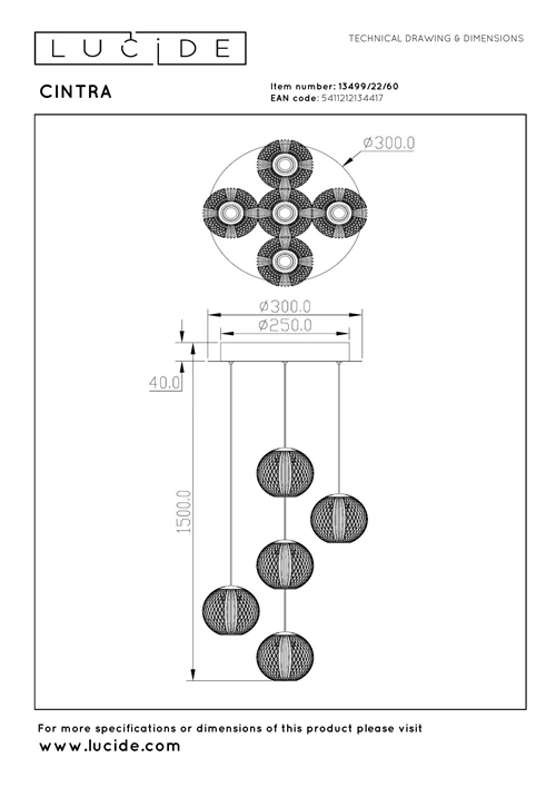 Lucide CINTRA - Lámpara colgante - Ø 32 cm - LED Regul. - 5x4,7W 2700K - Transparente - técnico